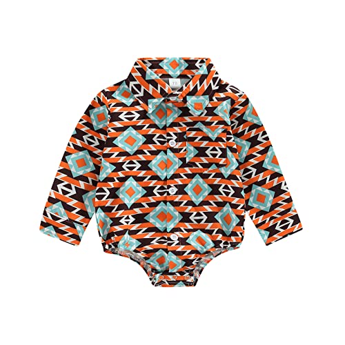 Karuedoo Western Baby Boy Clothes Cow Print Shirt Romper Infant Long Sleeve Button Down Bodysuit Onesie Gentleman Outfit (B Orange Stripes, 0-6 Months) from Karuedoo
