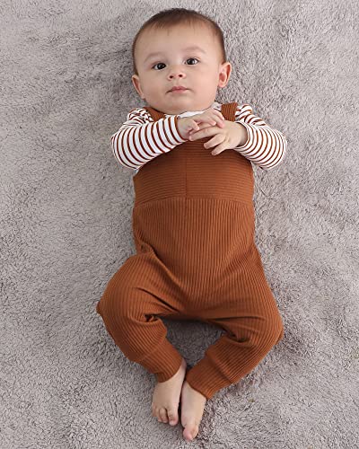 Newborn Baby Boy Clothes,2Pcs Infant Boy Romper Bodysuit Fall Winter Stripe Outfits + Bib Overall Pants (6-12 Months) from 