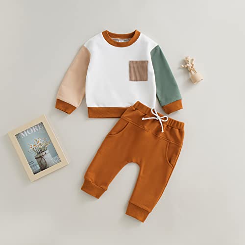 Toddler Baby Boy Fall Winter Outfits Colorblock Crewneck Sweatshirt Casual Pants Outfit 2Pcs Clothes Set (White, 12-18 Months) by Chloefairy