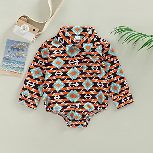 Karuedoo Western Baby Boy Clothes Cow Print Shirt Romper Infant Long Sleeve Button Down Bodysuit Onesie Gentleman Outfit (B Orange Stripes, 0-6 Months) from Karuedoo