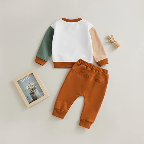 Toddler Baby Boy Fall Winter Outfits Colorblock Crewneck Sweatshirt Casual Pants Outfit 2Pcs Clothes Set (White, 12-18 Months) by Chloefairy
