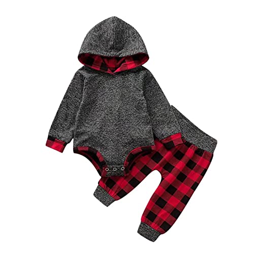 Baby Boys Clothes 6-9 Months Infant Hoodie Red Plaid Long Sleeve Romper + Pants Fall Winter Outfits Set, Red Plaid Hoodie 6-12 months/90cm from 