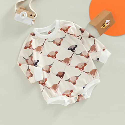 Omkzanbi Newborn Western Cowboy Sweatshirt Romper Long Sleeve Onesie Cow Oversize Bodysuit Unisex Baby Winter Sweater Clothes (White Highland Cow Western Onesie, 12-18 Months) from Omkzanbi