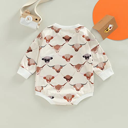 Omkzanbi Newborn Western Cowboy Sweatshirt Romper Long Sleeve Onesie Cow Oversize Bodysuit Unisex Baby Winter Sweater Clothes (White Highland Cow Western Onesie, 12-18 Months) from Omkzanbi