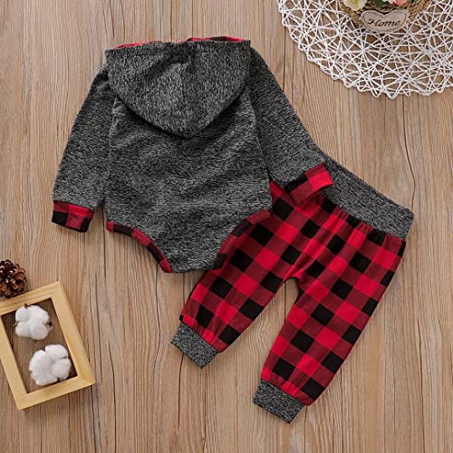 Baby Boys Clothes 6-9 Months Infant Hoodie Red Plaid Long Sleeve Romper + Pants Fall Winter Outfits Set, Red Plaid Hoodie 6-12 months/90cm from 