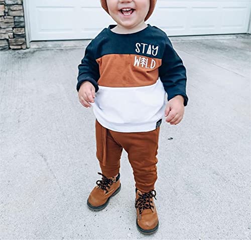 2 Piece Toddler Baby Boy Outfits Long Sleeve Color Block Sweatshirt Top Jogger Pants Fall Winter Clothes Set (Stay Wild-Black White Brown,12-18 Months) by vchoohce