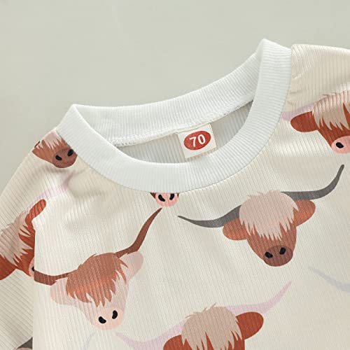 Omkzanbi Newborn Western Cowboy Sweatshirt Romper Long Sleeve Onesie Cow Oversize Bodysuit Unisex Baby Winter Sweater Clothes (White Highland Cow Western Onesie, 12-18 Months) from Omkzanbi