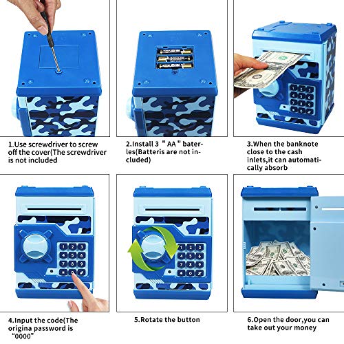 Cargooy Mini ATM Piggy Bank ATM Machine Best Gift for Kids,Electronic Code Piggy Bank Money Counter Safe Box Coin Bank for Boys Girls Password Lock Case (Camouflage Blue) by Cargooy by Dongguan senhui electronic technology Co.,Ltd