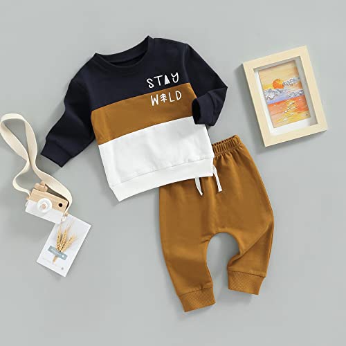 2 Piece Toddler Baby Boy Outfits Long Sleeve Color Block Sweatshirt Top Jogger Pants Fall Winter Clothes Set (Stay Wild-Black White Brown,12-18 Months) by vchoohce