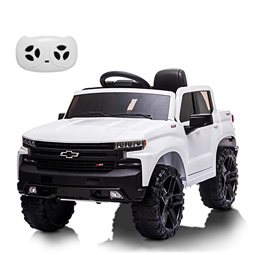 Ride on Truck with Remote Control for Kids, 12V Battery Powered Licensed Chevrolet Silverado GMC Ride On Car Toddler Electric Vehicles, MP3 Music,FM Radio,Spring Suspension, LED Light,White from Chuzhou Bettyma Baby Carrier CO.,Ltd