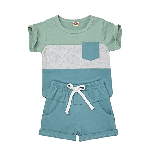 KAFIREN 18-24 Month Boy Clothes Toddler Boy Clothes Summer Outfits Short Sleeve Patchwork Top T-shirt Pocket Pants Light Green Boy Set 18-24 months/80cm by 
