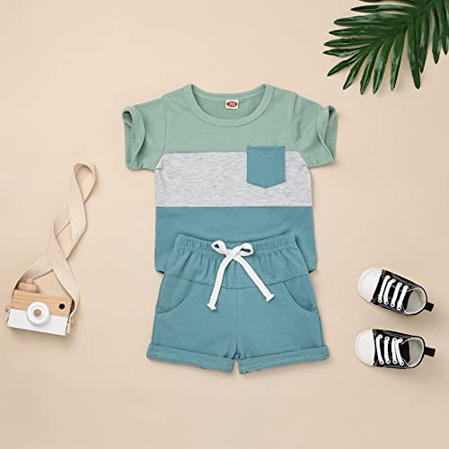 KAFIREN 18-24 Month Boy Clothes Toddler Boy Clothes Summer Outfits Short Sleeve Patchwork Top T-shirt Pocket Pants Light Green Boy Set 18-24 months/80cm by 