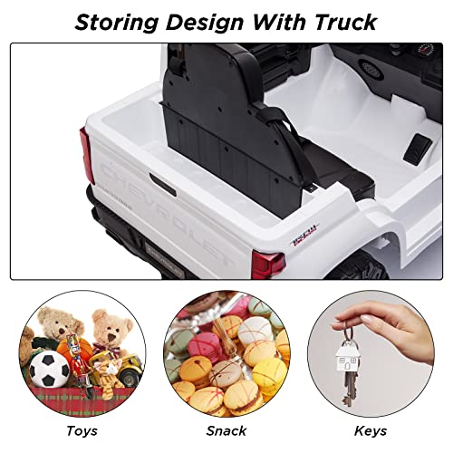 Ride on Truck with Remote Control for Kids, 12V Battery Powered Licensed Chevrolet Silverado GMC Ride On Car Toddler Electric Vehicles, MP3 Music,FM Radio,Spring Suspension, LED Light,White from Chuzhou Bettyma Baby Carrier CO.,Ltd