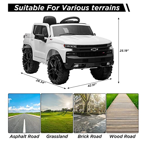 Ride on Truck with Remote Control for Kids, 12V Battery Powered Licensed Chevrolet Silverado GMC Ride On Car Toddler Electric Vehicles, MP3 Music,FM Radio,Spring Suspension, LED Light,White from Chuzhou Bettyma Baby Carrier CO.,Ltd