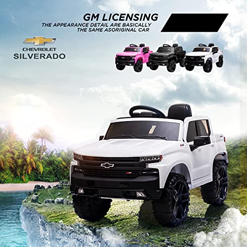Ride on Truck with Remote Control for Kids, 12V Battery Powered Licensed Chevrolet Silverado GMC Ride On Car Toddler Electric Vehicles, MP3 Music,FM Radio,Spring Suspension, LED Light,White from Chuzhou Bettyma Baby Carrier CO.,Ltd