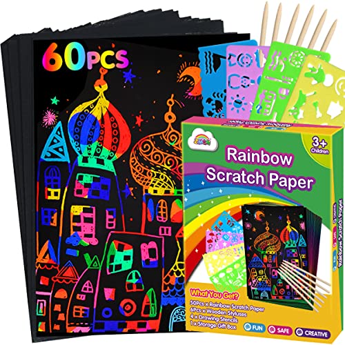 ZMLM Scratch Paper Art Set: 59Pcs Magic Drawing Art Craft Kid Black Scratch off Paper Supply Kit Toddler Preschool Learning Bulk Toy for Age 3 4 5 6 7 8 9 10 Girl Boy Holiday|Party Favor|Birthday Gift from ZMLM