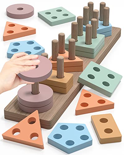 Montessori Toys for 1 2 3 Years Old Boys Girls, Wooden Sorting & Stacking Toys for Toddlers and Kids Preschool, Coffee Color Recognition Stacker Shape Sorter Gift Educational Learning Toy Ages 1-3 from Yetonamr