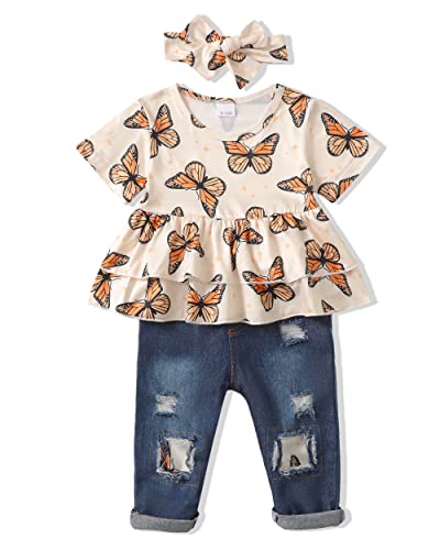 Renotemy 12 18 Months Girl Clothes Summer Toddler Girl Clothes Outfits Cute Butterfly Short Sleeve T-Shirt Denim Pants Baby Girls Clothes 12-18 Months by 