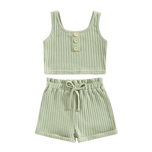 MOREELUCK Toddler Baby Girl Summer Clothes Shorts Set 2PCS Casual Ribbed Tank Top Camisole and Drawstring Short Bottoms Tracksuit (A Green, 2-3 Years) by MOREELUCK