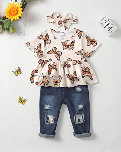 Renotemy 12 18 Months Girl Clothes Summer Toddler Girl Clothes Outfits Cute Butterfly Short Sleeve T-Shirt Denim Pants Baby Girls Clothes 12-18 Months by 
