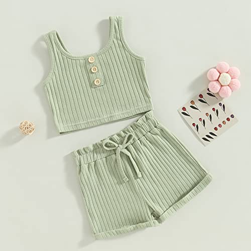 MOREELUCK Toddler Baby Girl Summer Clothes Shorts Set 2PCS Casual Ribbed Tank Top Camisole and Drawstring Short Bottoms Tracksuit (A Green, 2-3 Years) by MOREELUCK
