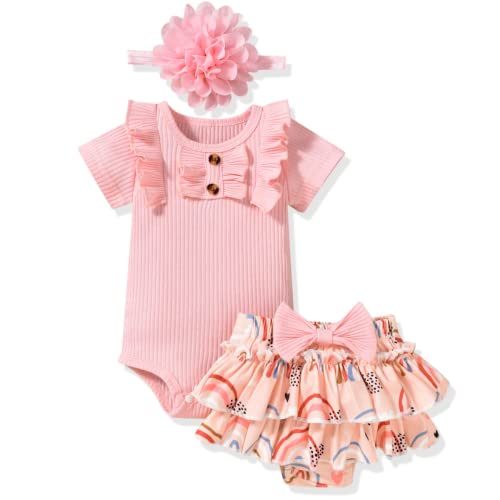 Preemie Baby Girls Summer Clothes Ribbed Short Sleeve Floral Ruffle Bloomer Shorts Premature Spring Outfit Pink from 