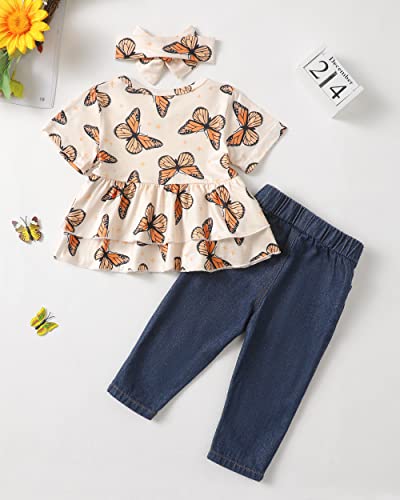 Renotemy 12 18 Months Girl Clothes Summer Toddler Girl Clothes Outfits Cute Butterfly Short Sleeve T-Shirt Denim Pants Baby Girls Clothes 12-18 Months by 