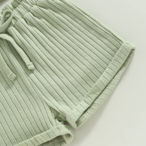 MOREELUCK Toddler Baby Girl Summer Clothes Shorts Set 2PCS Casual Ribbed Tank Top Camisole and Drawstring Short Bottoms Tracksuit (A Green, 2-3 Years) by MOREELUCK