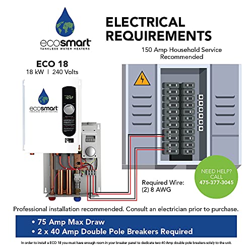ecosmart ECO 18 Electric Tankless Water Heater, 18 KW at 240 Volts with Patented Self Modulating Technology,White by Ecosmart