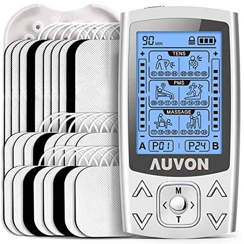 AUVON Dual Channel TENS EMS Unit 24 Modes Muscle Stimulator for Pain Relief & Muscle Strength for Tired and Sore Muscles in Your Shoulders, Back, Ab's, Legs, Knee's and More (2"x2" 16pcs, 2"x4" 10pcs) by AUVON
