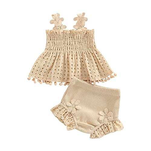 2Pcs Newborn Baby Girl Summer Clothes Sleeveless Floral Top Ribbed Shorts Boho Outfit Set Beige 3-6 Months from 