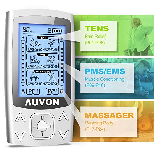 AUVON Dual Channel TENS EMS Unit 24 Modes Muscle Stimulator for Pain Relief & Muscle Strength for Tired and Sore Muscles in Your Shoulders, Back, Ab's, Legs, Knee's and More (2"x2" 16pcs, 2"x4" 10pcs) by AUVON
