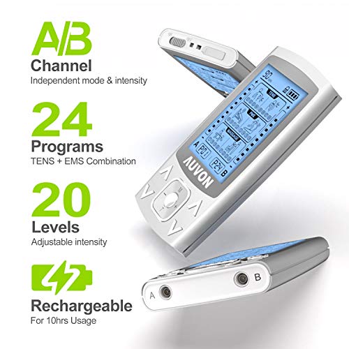 AUVON Dual Channel TENS EMS Unit 24 Modes Muscle Stimulator for Pain Relief & Muscle Strength for Tired and Sore Muscles in Your Shoulders, Back, Ab's, Legs, Knee's and More (2"x2" 16pcs, 2"x4" 10pcs) by AUVON