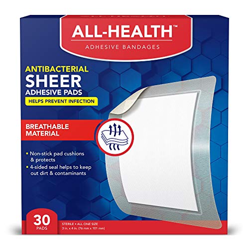 All Health Antibacterial Sheer Adhesive Pad Bandages, 3 in x 4 in, 30 ct | Helps Prevent Infection, Extra Large Comfortable Protection for First Aid and Wound Care from ASO Corp