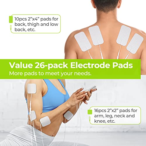 AUVON Dual Channel TENS EMS Unit 24 Modes Muscle Stimulator for Pain Relief & Muscle Strength for Tired and Sore Muscles in Your Shoulders, Back, Ab's, Legs, Knee's and More (2"x2" 16pcs, 2"x4" 10pcs) by AUVON
