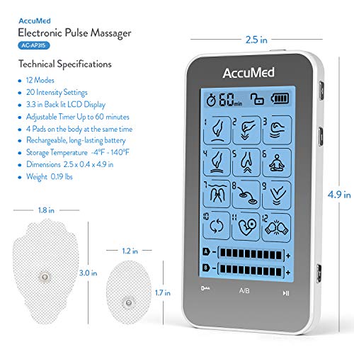 AccuMed TENS Unit Muscle Stimulator & Electronic Pulse Massager with 2 Channels - 12 Modes, Pain Management Device with 20 Intensities for Back, Neck, Acupuncture, 8 Extra Pads Included (AC-AP315) by AccuMed
