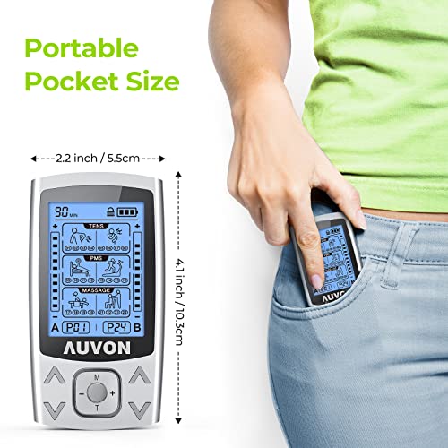AUVON Dual Channel TENS EMS Unit 24 Modes Muscle Stimulator for Pain Relief & Muscle Strength for Tired and Sore Muscles in Your Shoulders, Back, Ab's, Legs, Knee's and More (2"x2" 16pcs, 2"x4" 10pcs) by AUVON
