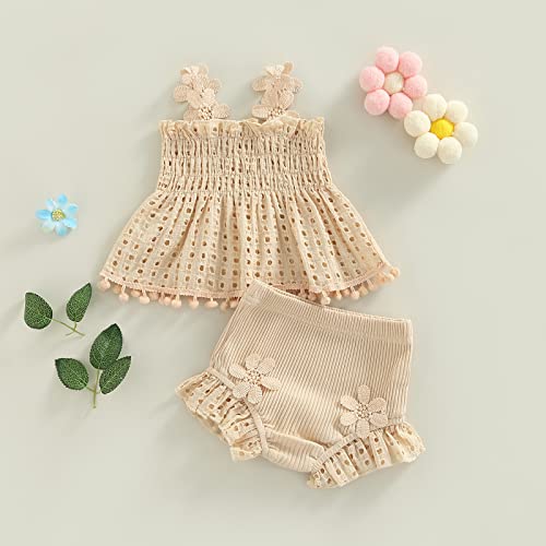 2Pcs Newborn Baby Girl Summer Clothes Sleeveless Floral Top Ribbed Shorts Boho Outfit Set Beige 3-6 Months from 
