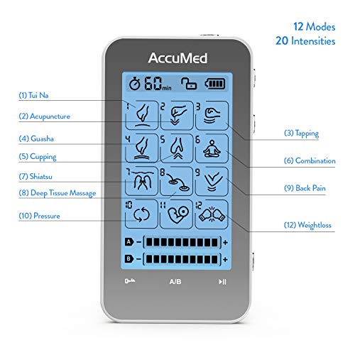 AccuMed TENS Unit Muscle Stimulator & Electronic Pulse Massager with 2 Channels - 12 Modes, Pain Management Device with 20 Intensities for Back, Neck, Acupuncture, 8 Extra Pads Included (AC-AP315) by AccuMed