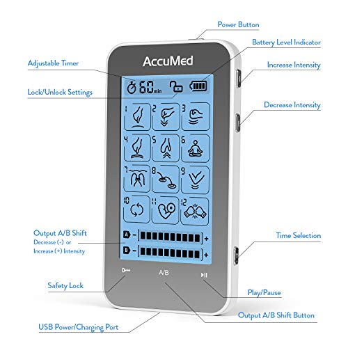 AccuMed TENS Unit Muscle Stimulator & Electronic Pulse Massager with 2 Channels - 12 Modes, Pain Management Device with 20 Intensities for Back, Neck, Acupuncture, 8 Extra Pads Included (AC-AP315) by AccuMed