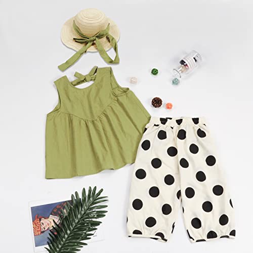 Balatale Toddler Girl Clothes Outfits Sleeveless Backless Tie Back Top and Polka Dot Pants Set with Sun Hat 3Pcs Summer Clothing for Girl Light Green 2-3t by Balatale
