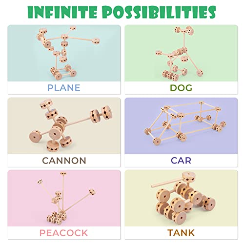 NiToy Wooden Building Blocks 60PCS Montessori STEM Toy for Kids 6+, Natural Wood Splicing Joints and Sticks Educational Sensory Tinker Creative 3D Playset Stacking Game by Attom Tech