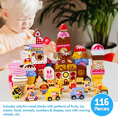 AMAWOOD Wooden Stacking Toys for Toddlers, 116 PCS Ice Cream World Building Blocks Set Including Drawstring Bag & Storage Box, Educational Montessori Toys Gift for Preschool Boys Girls Age 3-8 from ShenZhen MaxLink Century Technology Co.,Ltd.