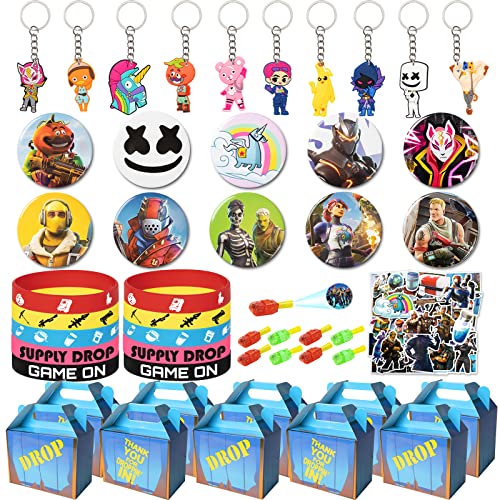 Game Party Supplies for Kids, 100 Pcs Party Favors - Bracelet, Gift Box, Button Pins, Key Chain, Stickers, Finger Light for Kids Themed Party by FNHZWJ