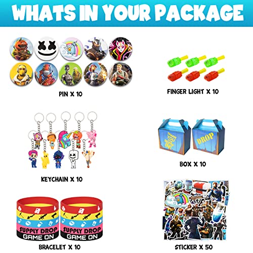 Game Party Supplies for Kids, 100 Pcs Party Favors - Bracelet, Gift Box, Button Pins, Key Chain, Stickers, Finger Light for Kids Themed Party by FNHZWJ