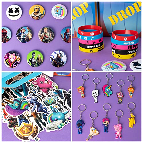 Game Party Supplies for Kids, 100 Pcs Party Favors - Bracelet, Gift Box, Button Pins, Key Chain, Stickers, Finger Light for Kids Themed Party by FNHZWJ