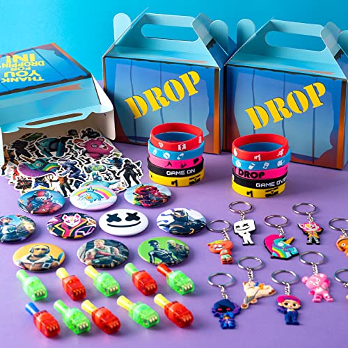 Game Party Supplies for Kids, 100 Pcs Party Favors - Bracelet, Gift Box, Button Pins, Key Chain, Stickers, Finger Light for Kids Themed Party by FNHZWJ
