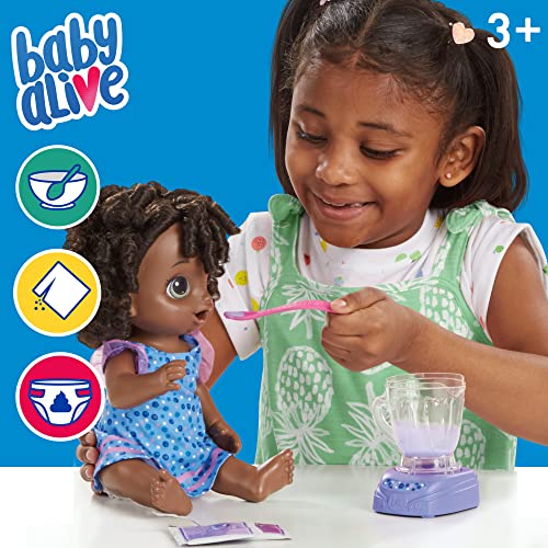 Baby Alive Magical Mixer Baby Doll Blueberry Blast with Blender Accessories, Drinks, Wets, Eats, Black Hair Toy for Kids Ages 3 and Up by Hasbro