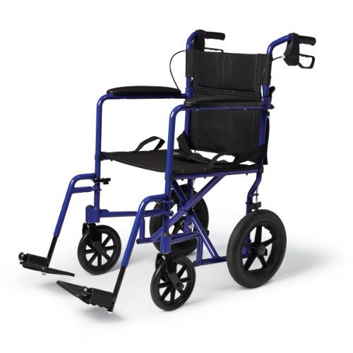 Medline Lightweight Transport Wheelchair with Handbrakes, Folding Transport Chair for Adults has 12 inch Wheels, Blue from Medline