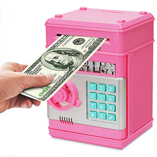 Adevena Electronic Piggy Bank, Mini ATM Password Money Bank Cash Coins Saving Box for Kids, Cartoon Safe Bank Box Perfect Toy Gifts for Boys Girls (Pink) by Adevena